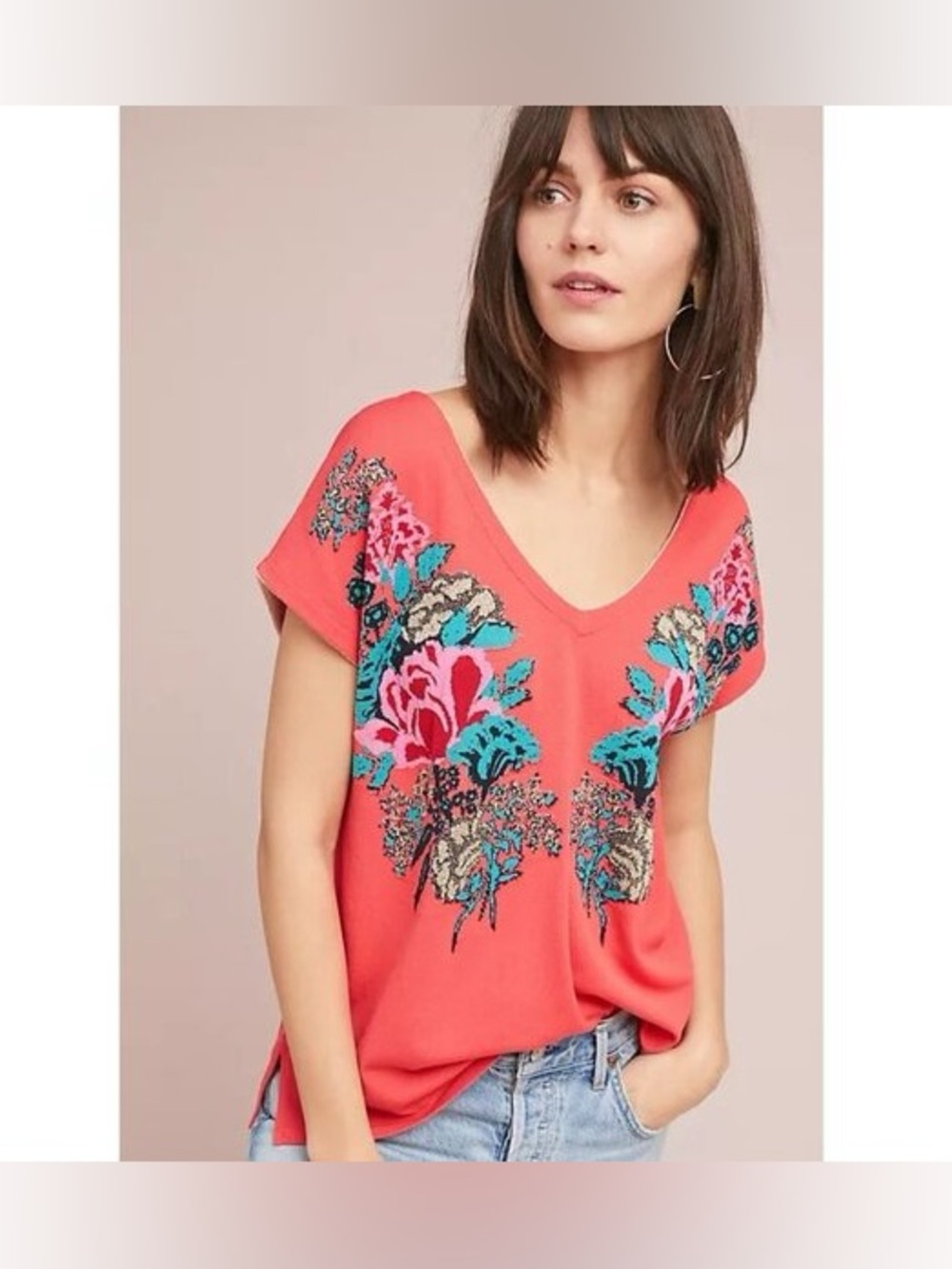 Anthropologie  Aldomartins Knit Floral V-Neck Pullover size  Small